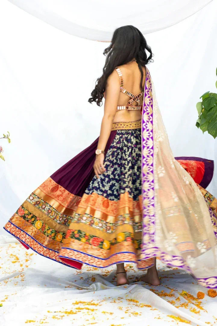Buy Banarasi Silk Lehenga with Pink Shimmer, Mirror Blouse & Organza Dupatta