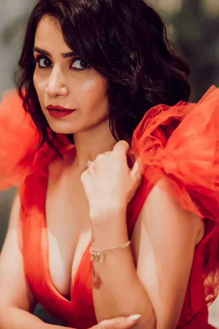 Buy Red Shoulder Ruffle Gown