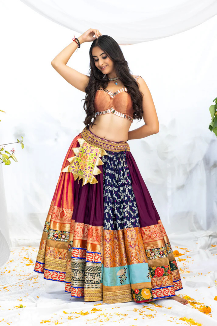 Banarasi Silk Lehenga with Pink Shimmer, Mirror Blouse & Organza Dupatta