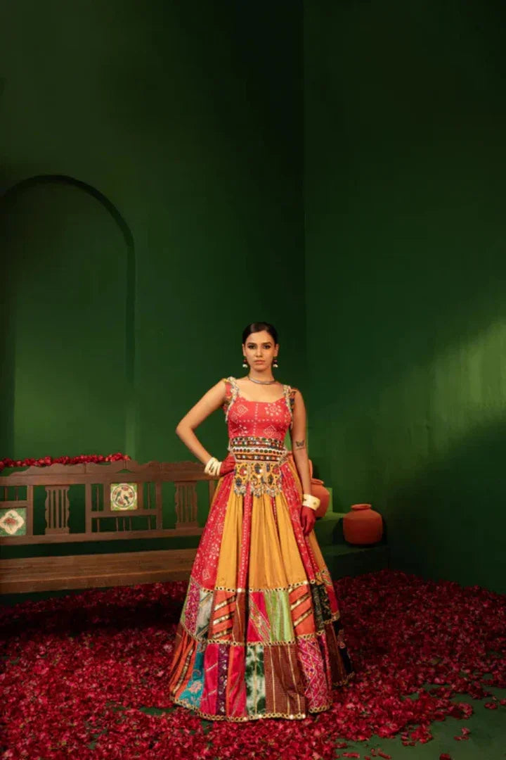 Buy Devi Laal Peela Rang Lehenga Choli with Dupatta in Rayon Silk & Cotton Satin