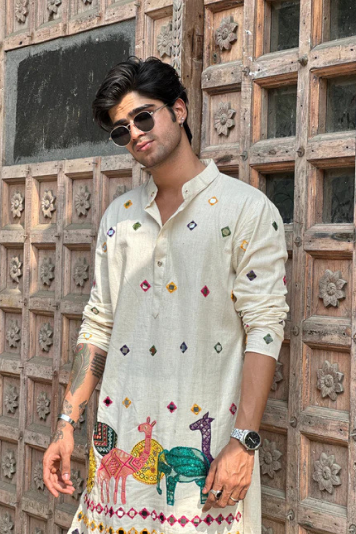 Comfy White Cotton Kurta with Colorful Embroidered Patches (Only Kurta)
