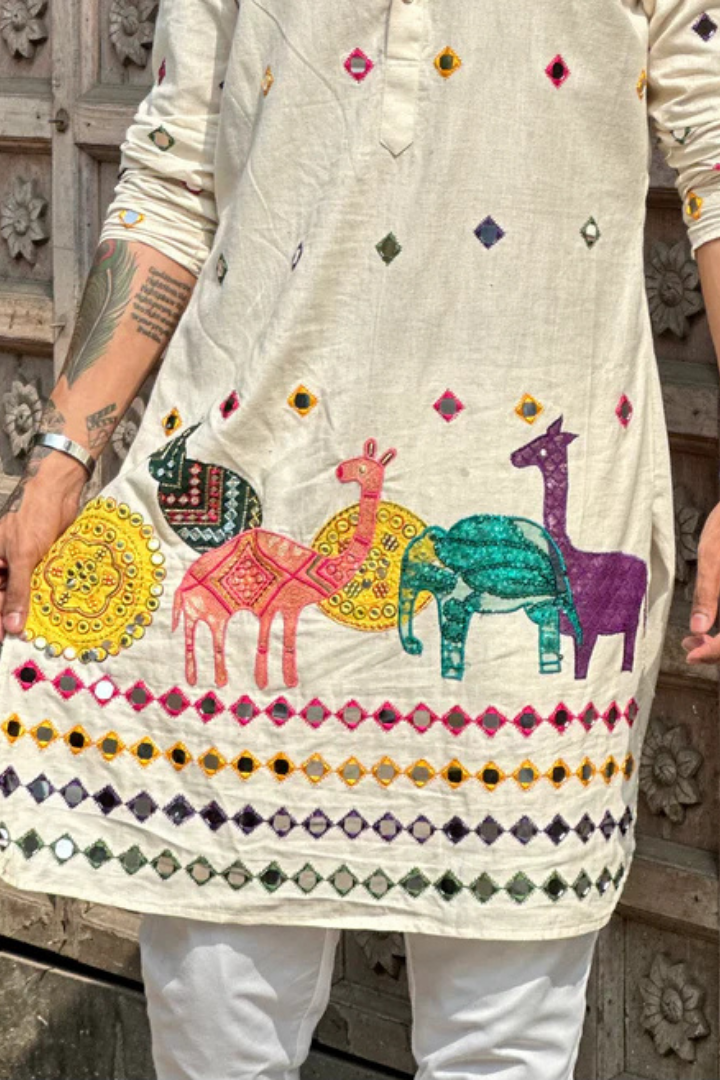 Comfy White Cotton Kurta with Colorful Embroidered Patches (Only Kurta)