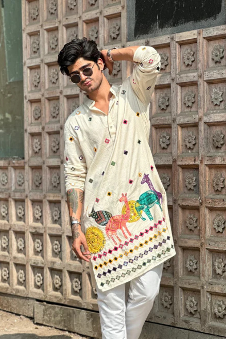 Comfy White Cotton Kurta with Colorful Embroidered Patches (Only Kurta)