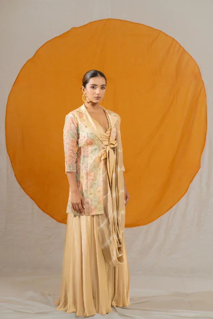 Buy Beige Draping Palazzo Set with Organza Jacket and Dupatta