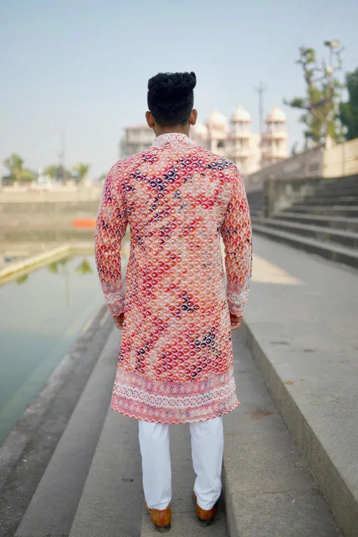 Buy Anar - Orange Batik with White Embroidery Rayon Kurta