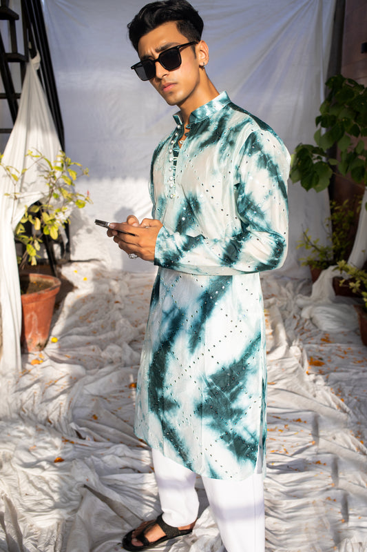 Rama Green Tie & Dye Batik Kurta with Mirror Checks