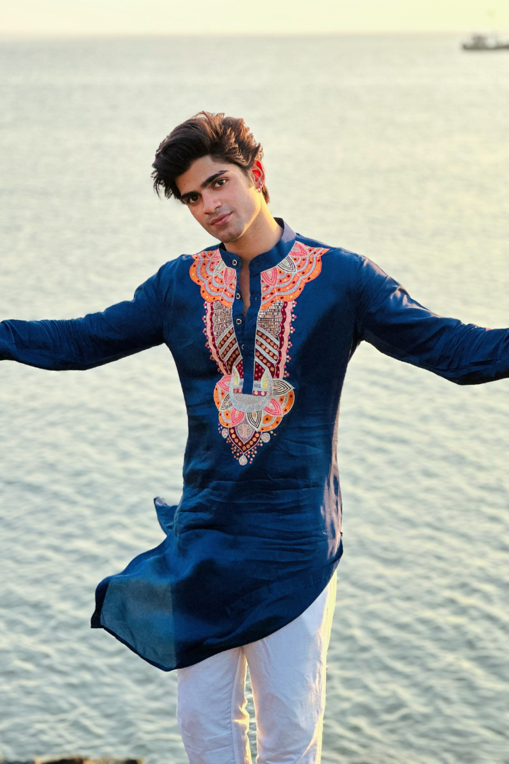 Bice Blue Kashmiri Work Men's Kurta