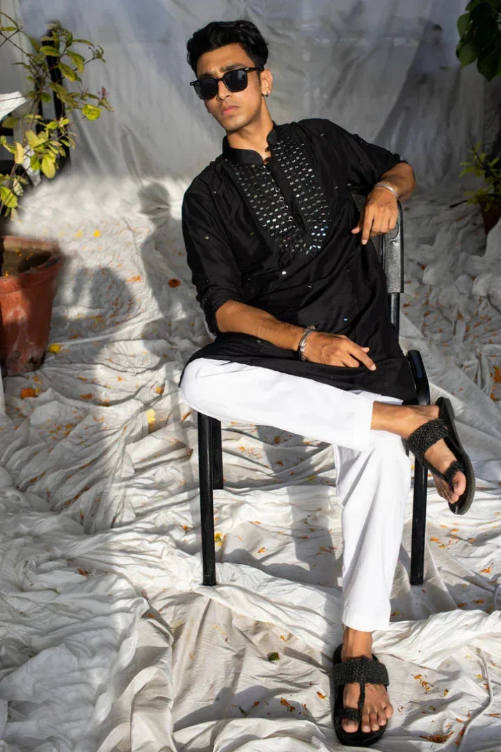 Buy Handcrafted Black Silk Kurta with Yoke Mirror Work