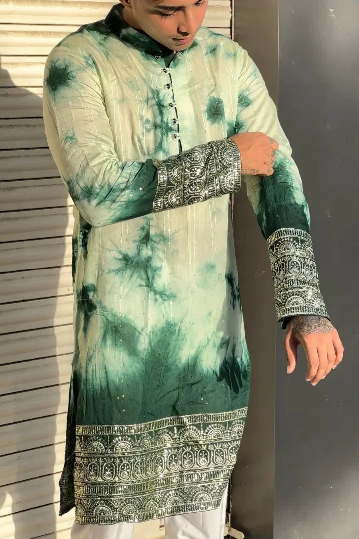 Buy Handcrafted Green Tie & Dye Kurta with Exquisite Borders