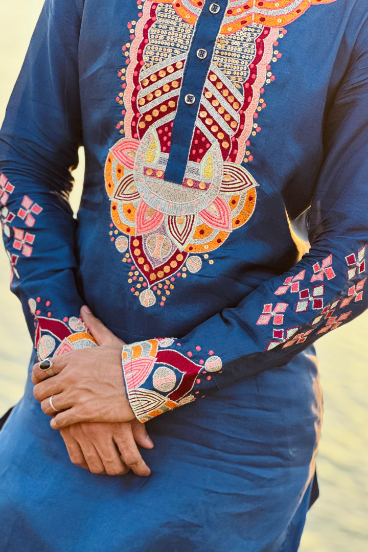 Bice Blue Kashmiri Work Men's Kurta