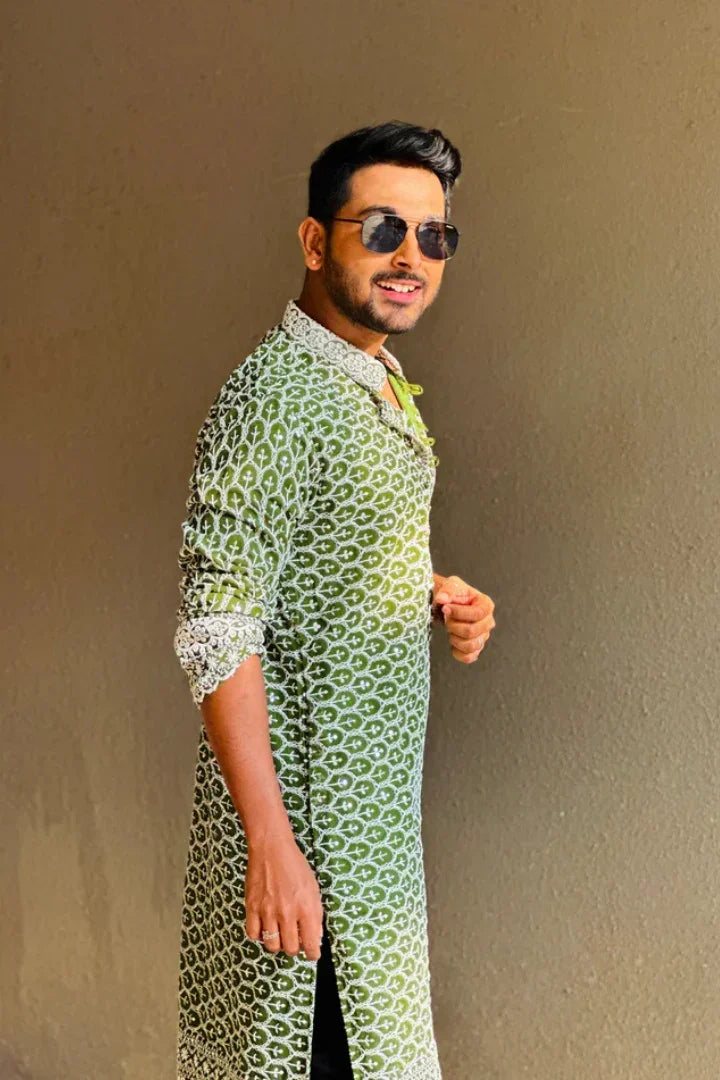 Buy Hunter Green Georgette Kurta with White Embroidery