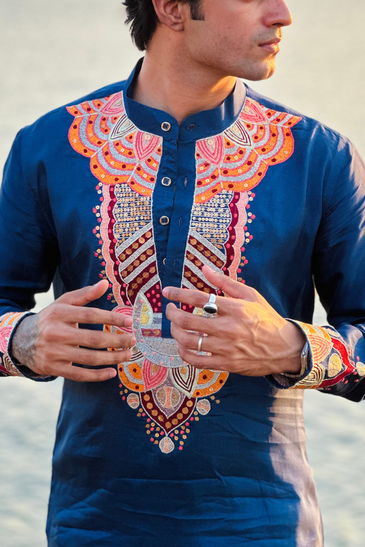 Bice Blue Kashmiri Work Men's Kurta