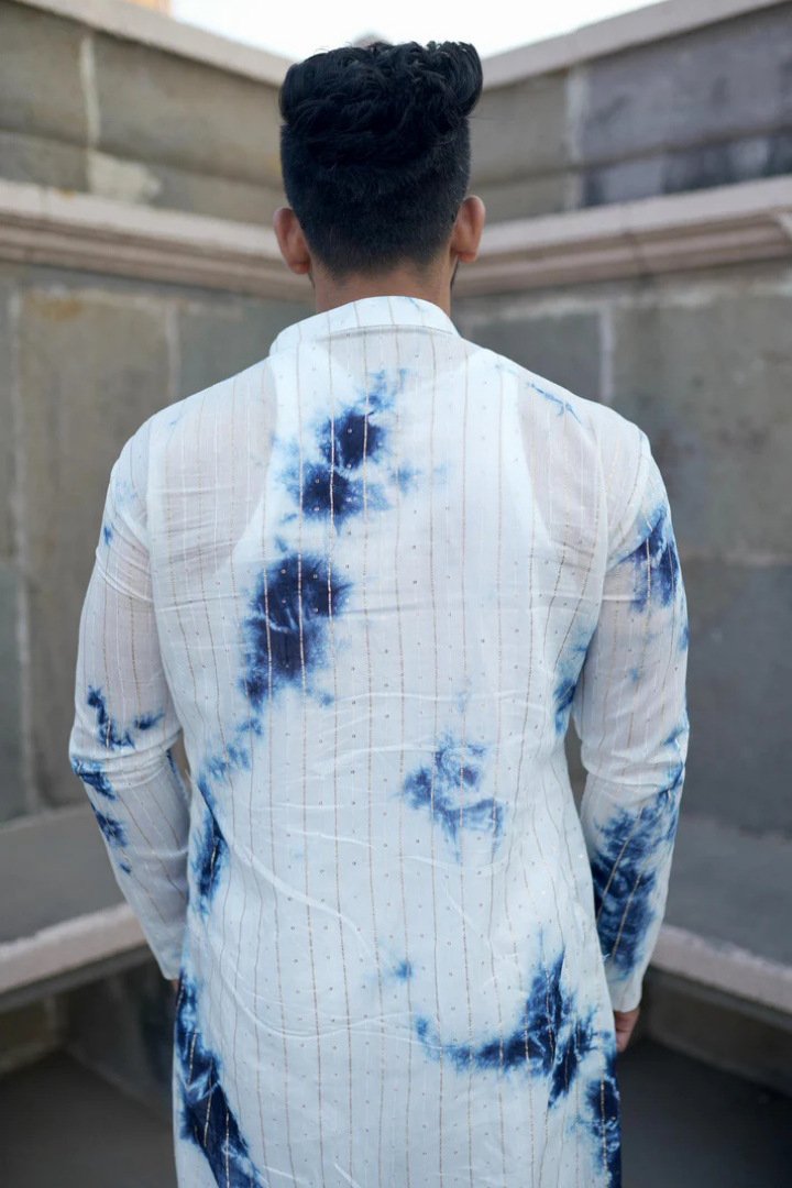 Nila-Wala Safed Chanderi Silk Tie & Dye Kurta