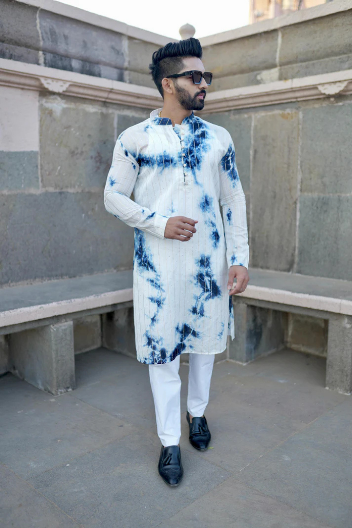 Nila-Wala Safed Chanderi Silk Tie & Dye Kurta