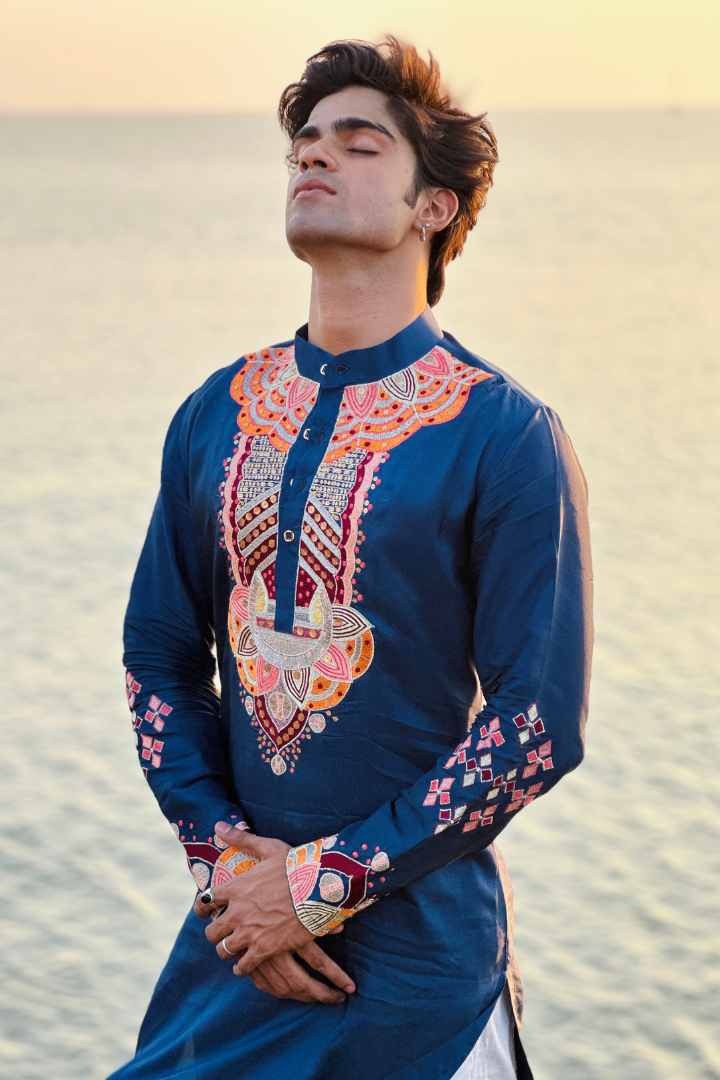 Bice Blue Kashmiri Work Men's Kurta