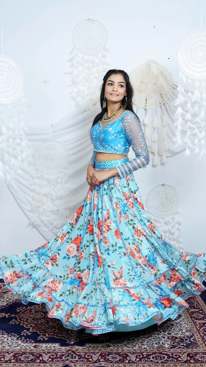 Blue Floral Lehenga Choli And Dupatta