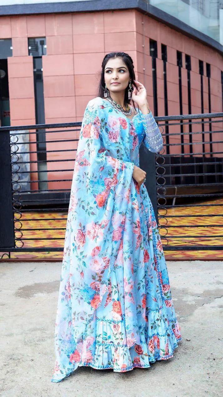 Blue Floral Lehenga Choli And Dupatta