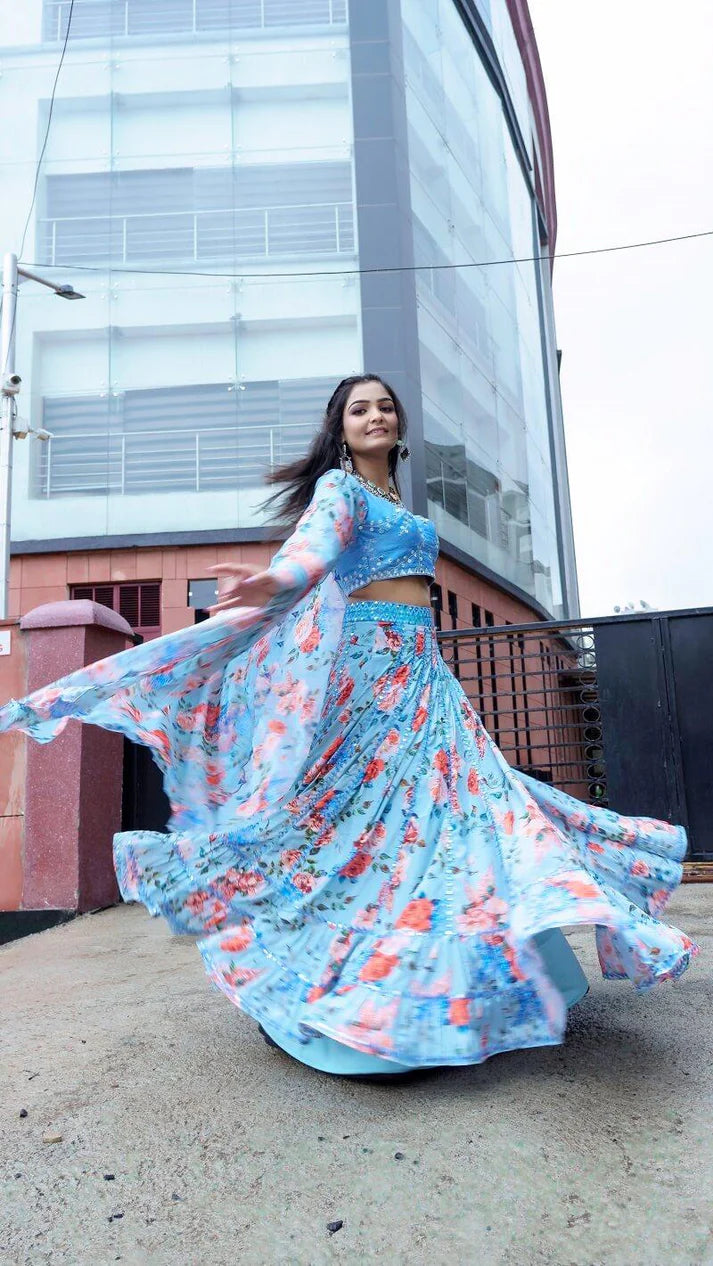 Blue Floral Lehenga Choli And Dupatta