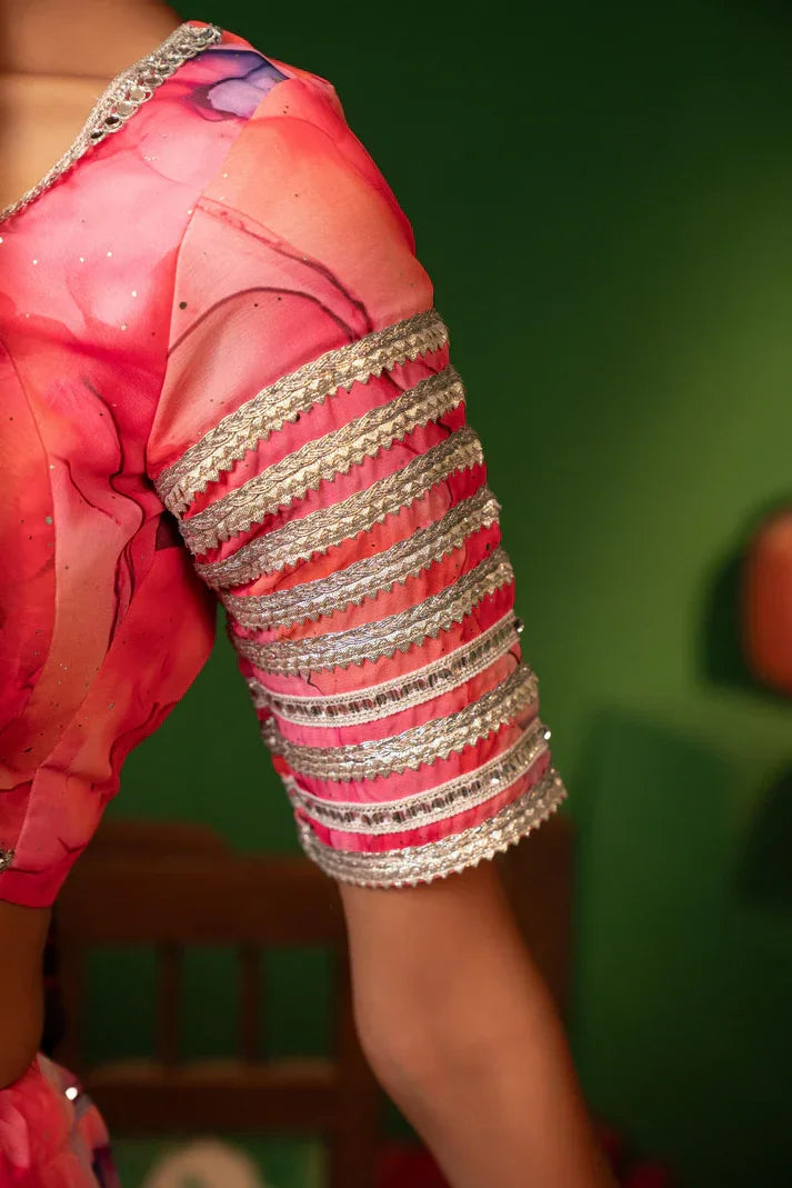 Buy French Pink Georgette Crop Top, Skirt, and Dupatta Set