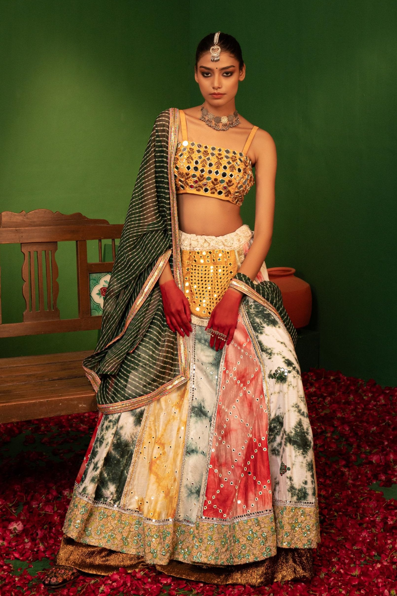 Devi Leela Colour Lehenga with Mirror Work Blouse in Chanderi Silk Kzari The Design Studio