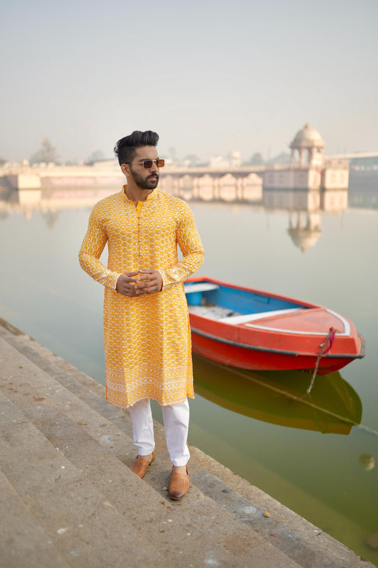 Orchid-Yellow Rayon Kurta with White Embroidery