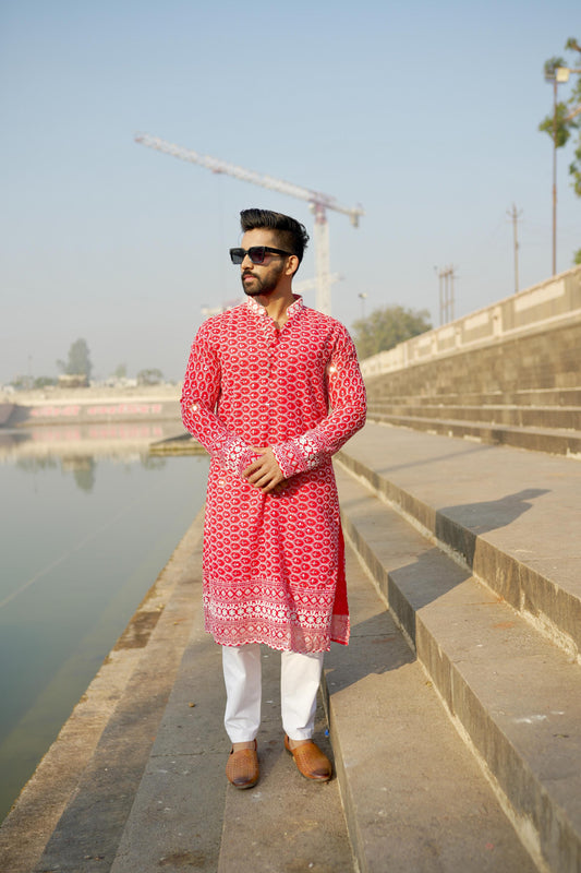 Laal Kila - Red Georgette with White Embroidery Kurta
