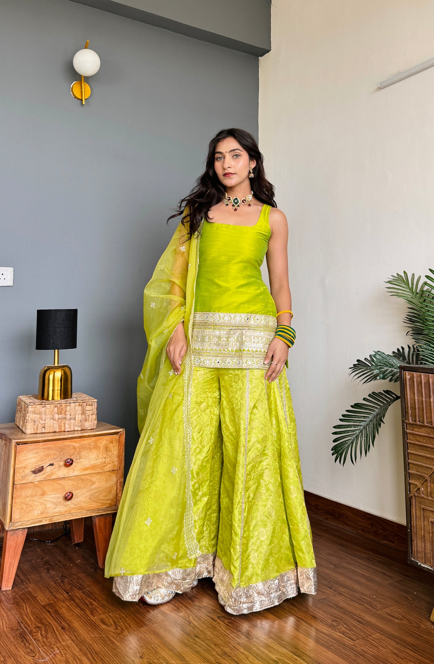 Tota Lime Green Kurta Sharara Set