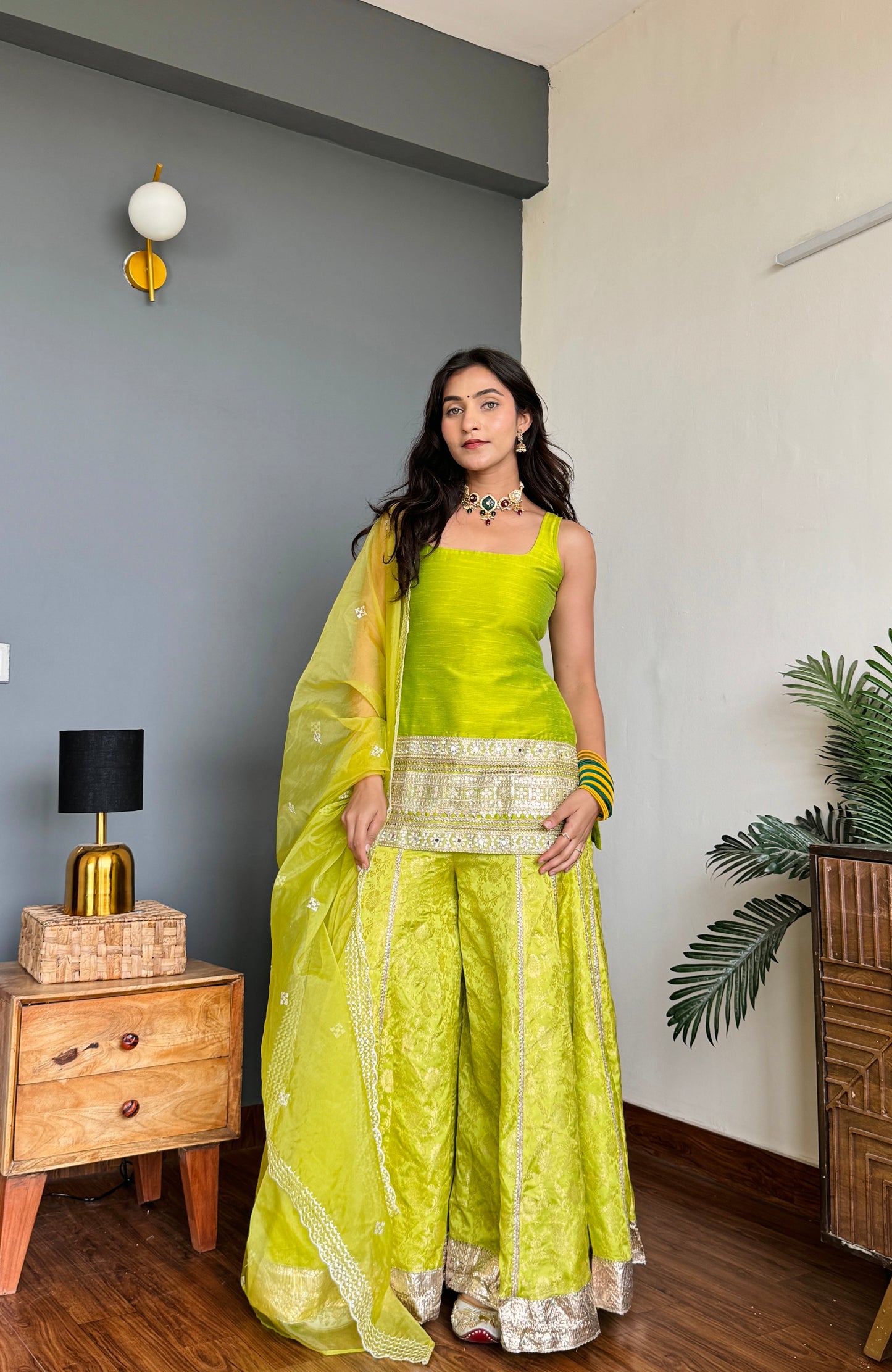 Tota Lime Green Kurta Sharara Set