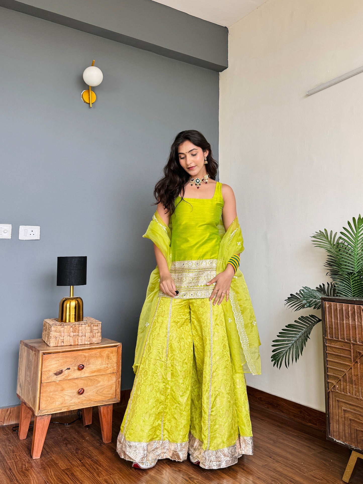 Tota Lime Green Kurta Sharara Set