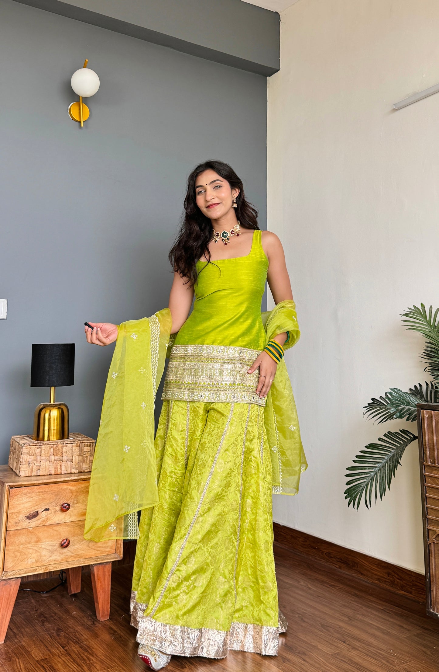 Tota Lime Green Kurta Sharara Set