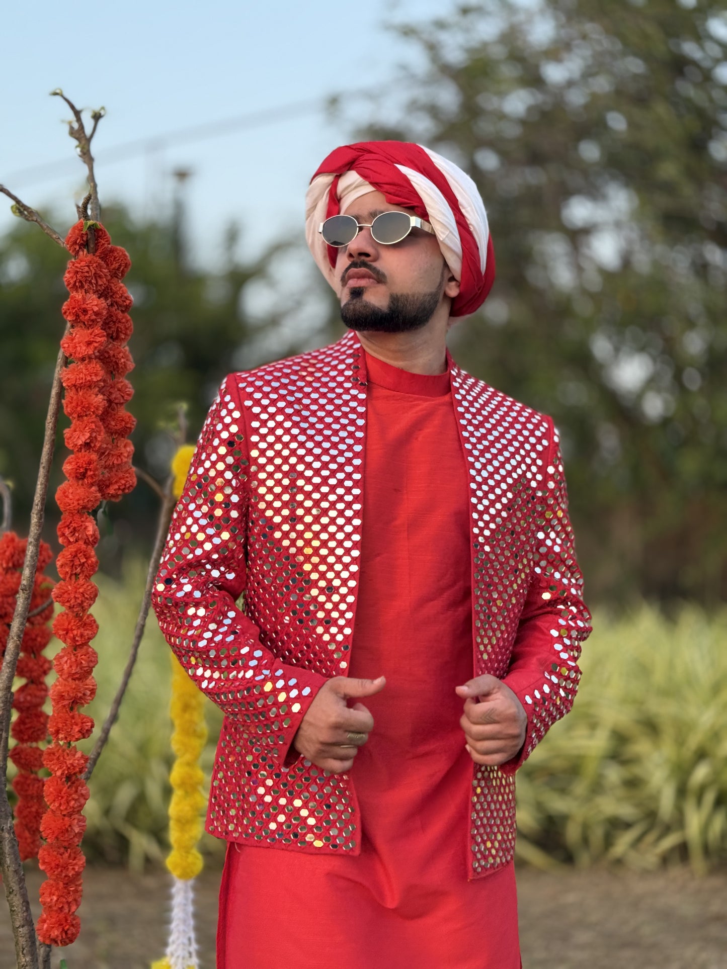 Red Radiant Mirror Jacket with Kurta