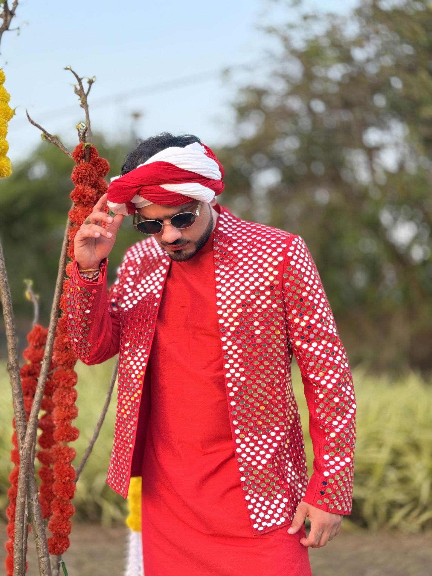 Red Radiant Mirror Jacket with Kurta
