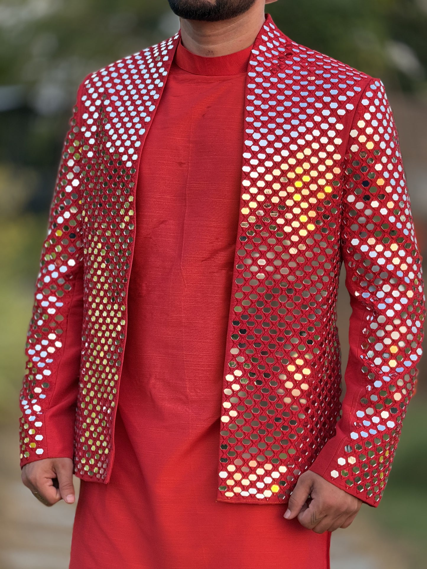 Red Radiant Mirror Jacket with Kurta