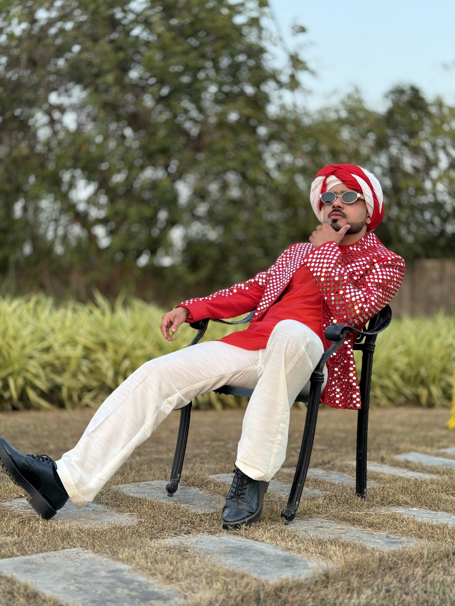 Red Radiant Mirror Jacket with Kurta
