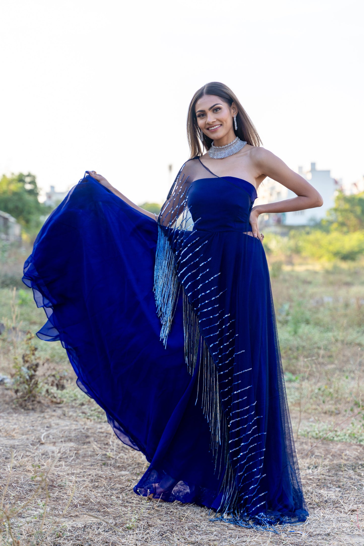 Blue Georgette Gown with Tassels Cape