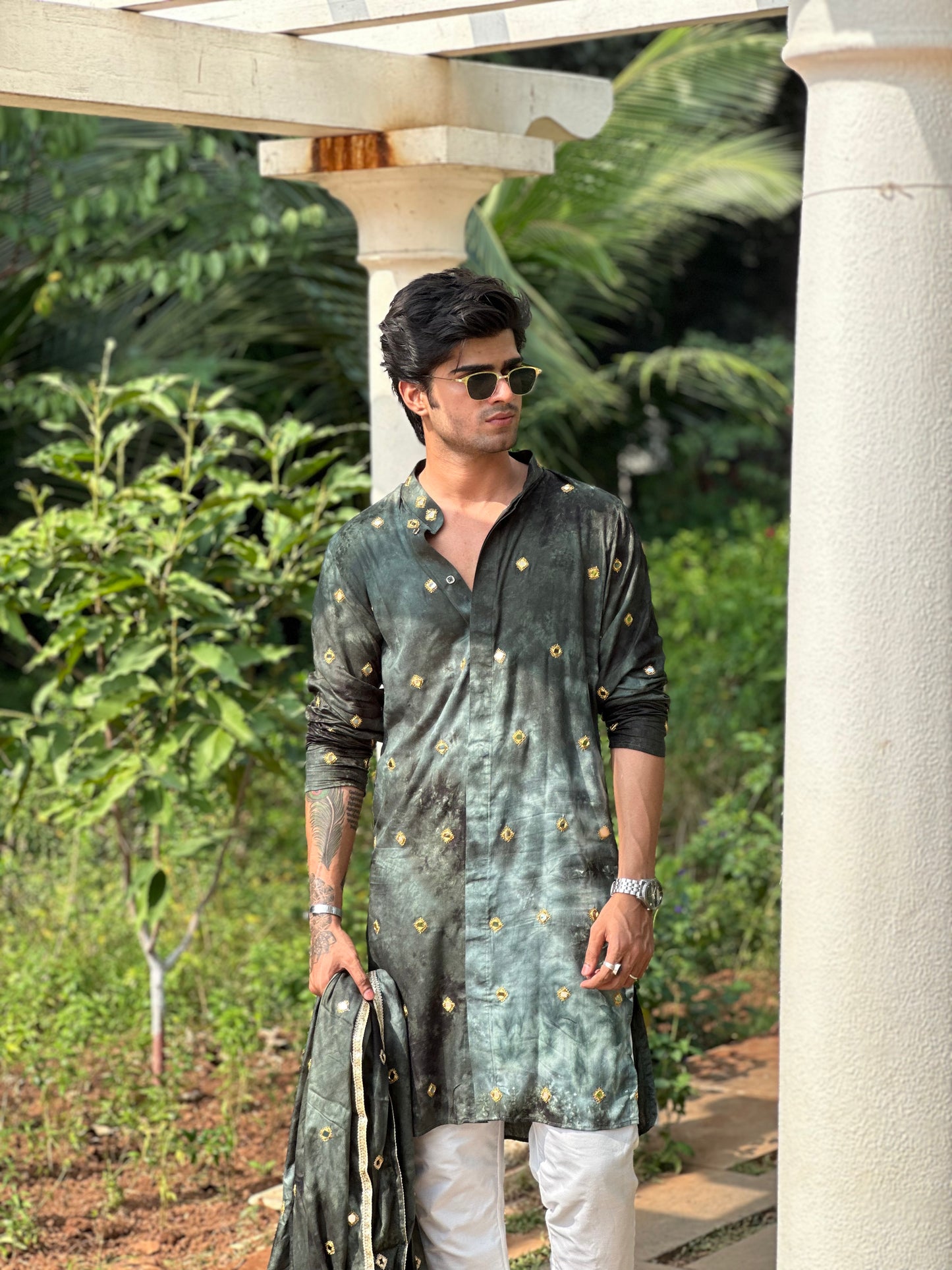 Unique Green-Indigo Shibori Kurta with Mirror Details
