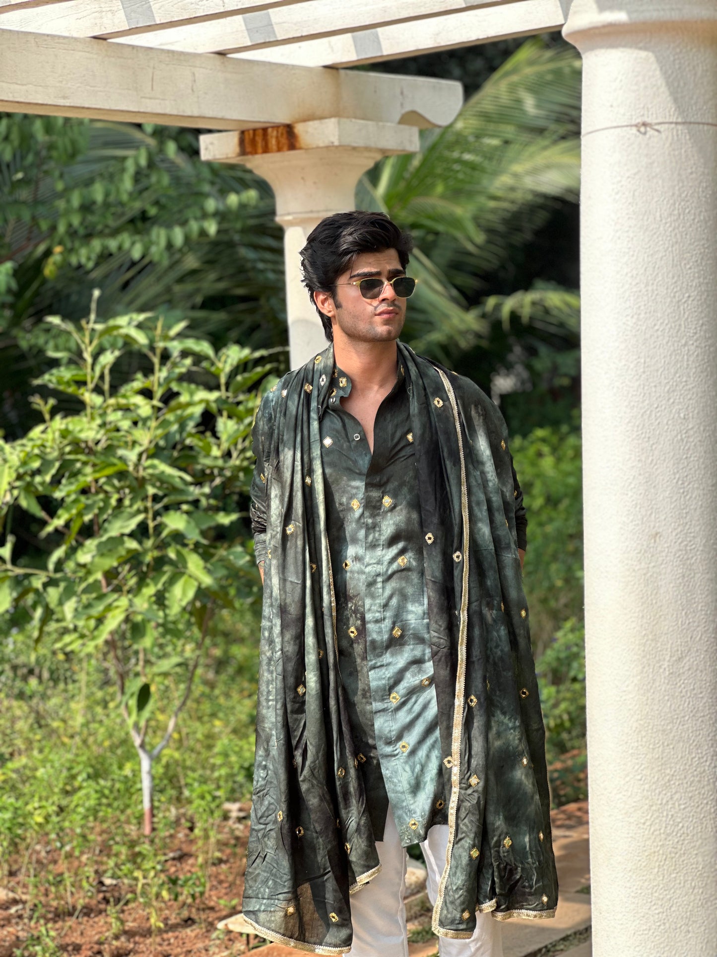 Unique Green-Indigo Shibori Kurta with Mirror Details