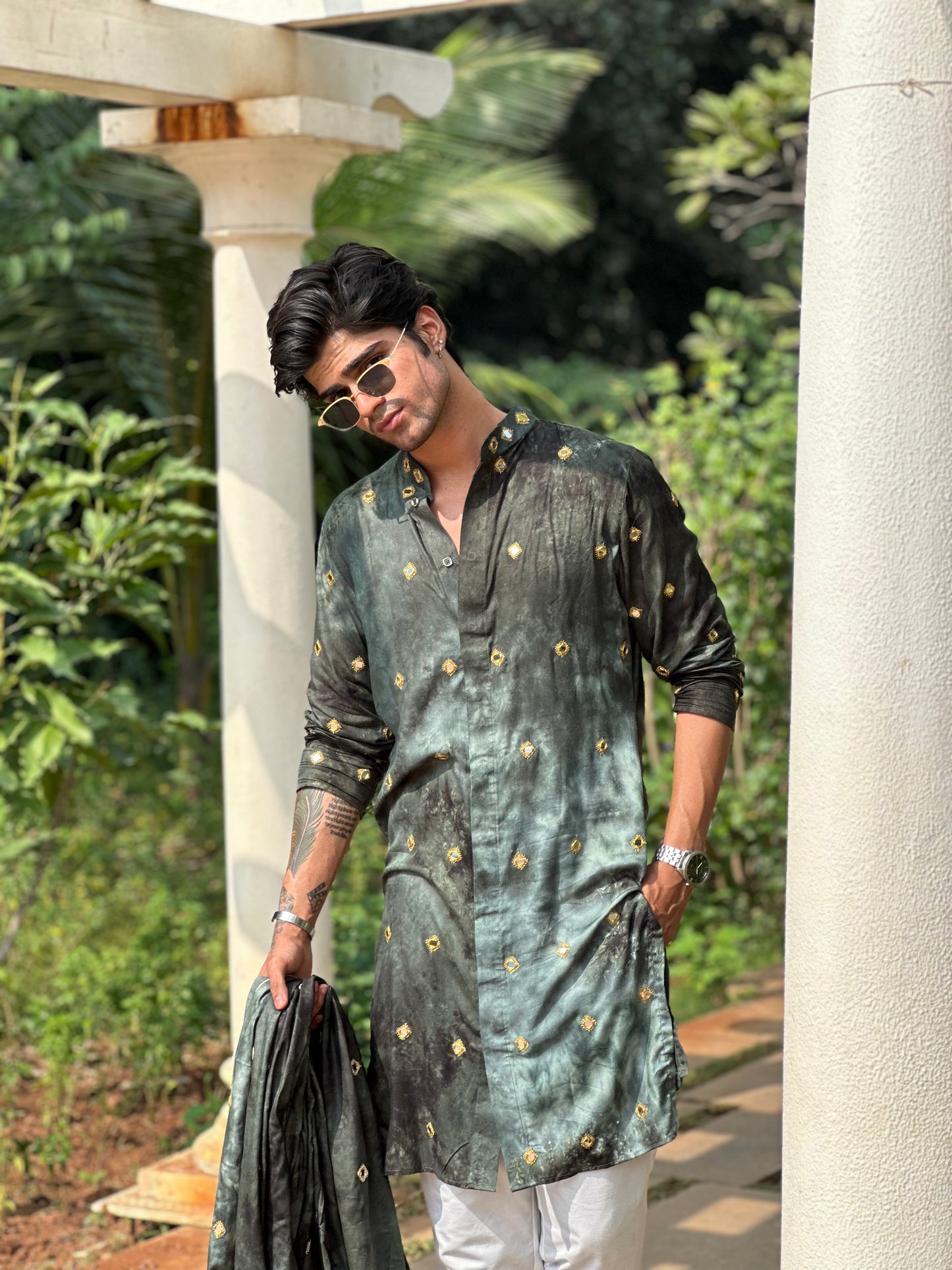 Unique Green-Indigo Shibori Kurta with Mirror Details