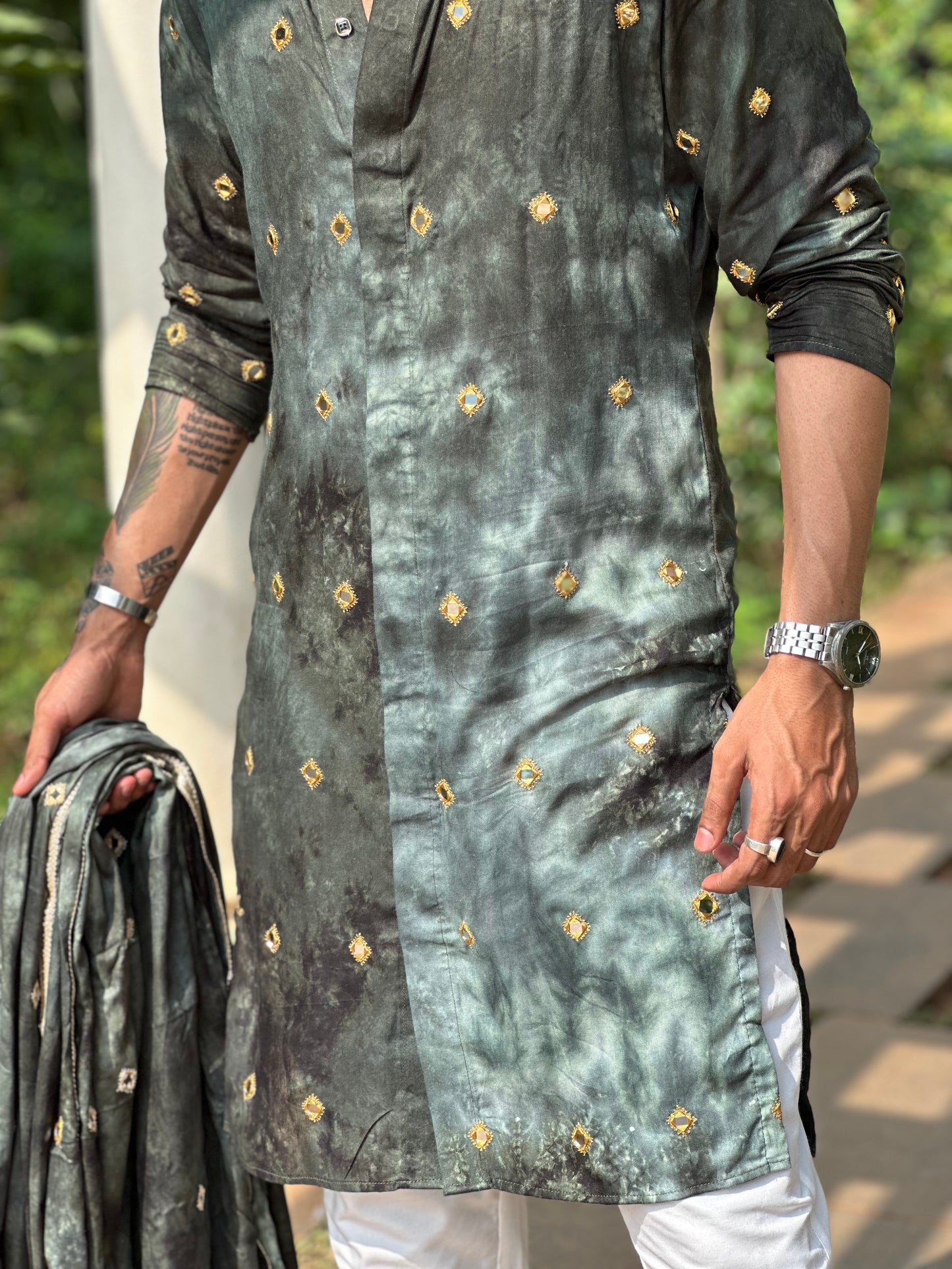 Unique Green-Indigo Shibori Kurta with Mirror Details