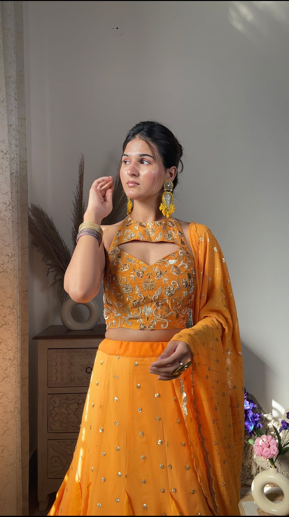 Bright Yellow Embellished Georgette Lehenga
