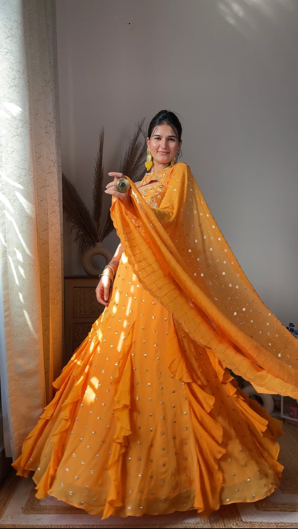 Bright Yellow Embellished Georgette Lehenga