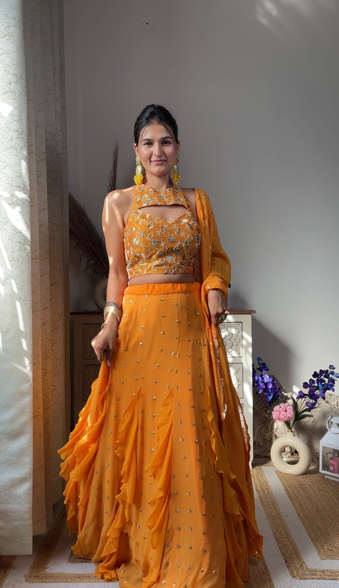Bright Yellow Embellished Georgette Lehenga
