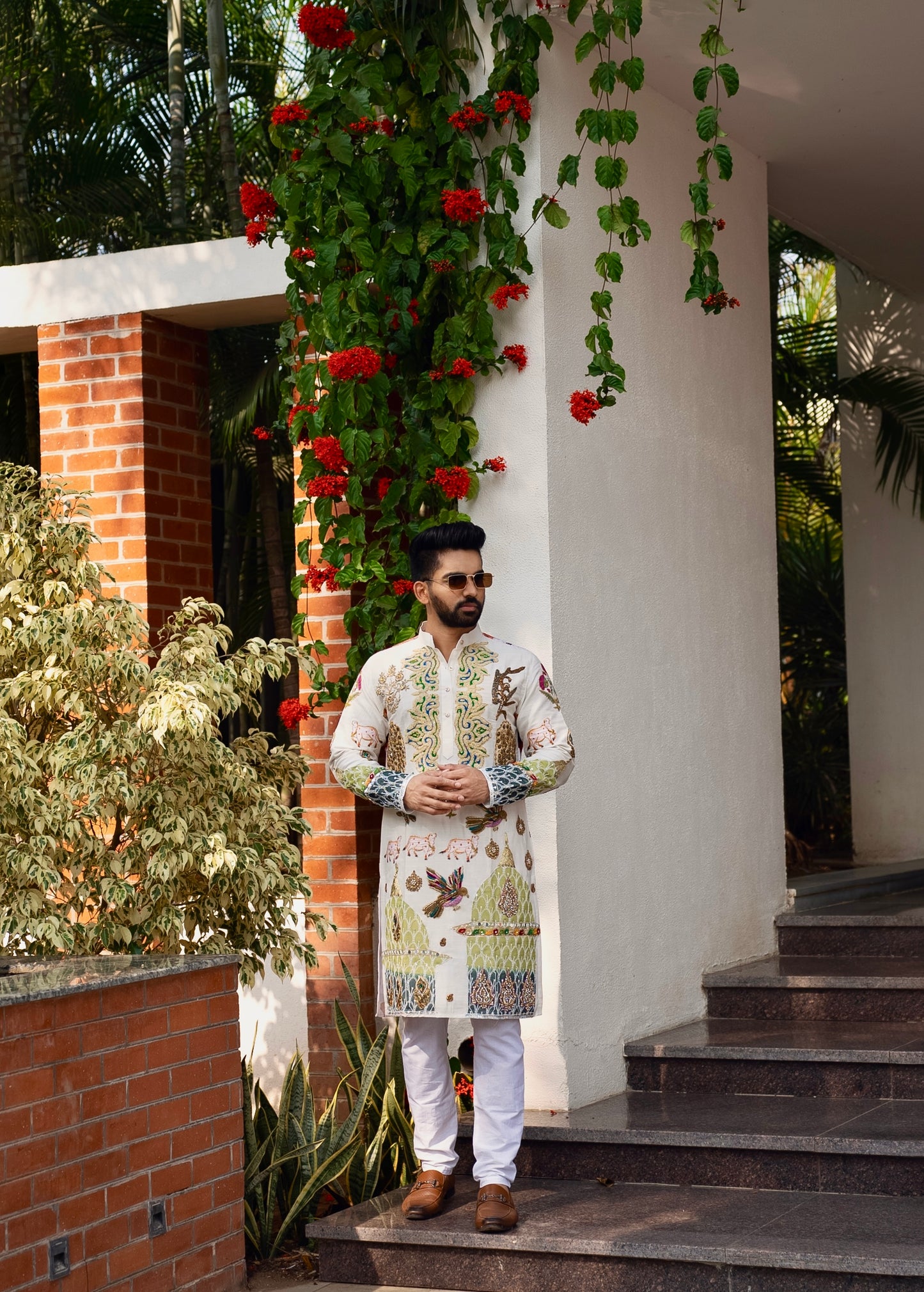 White salt cream multicolour embrioder kurta