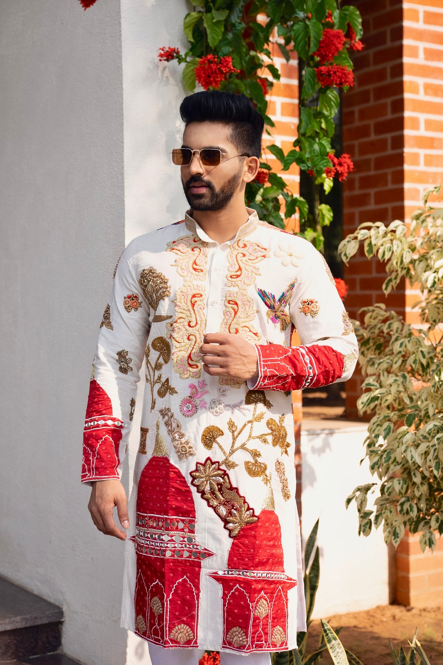 White spandex Multicolour embriodery Kurta