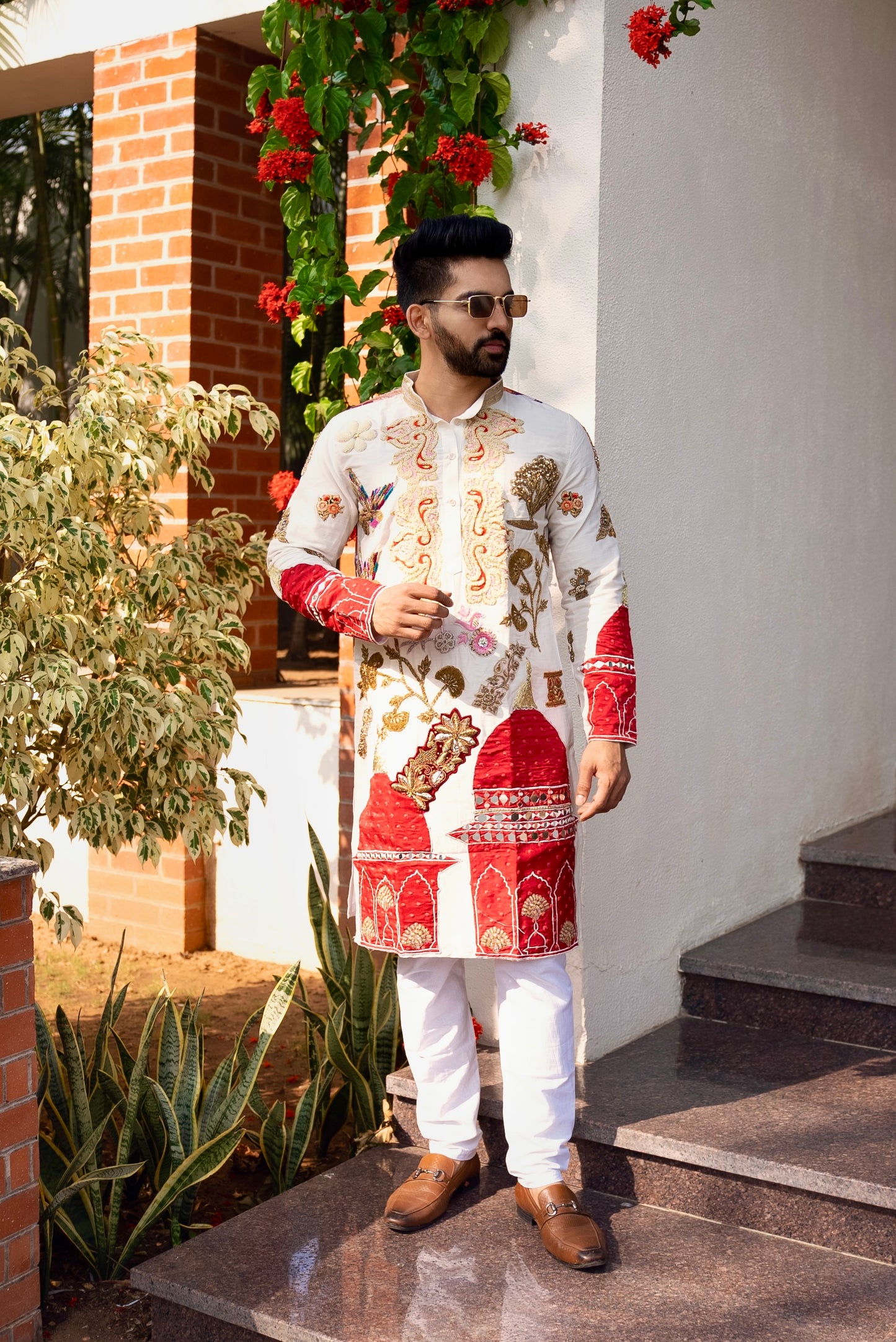 White spandex Multicolour embriodery Kurta