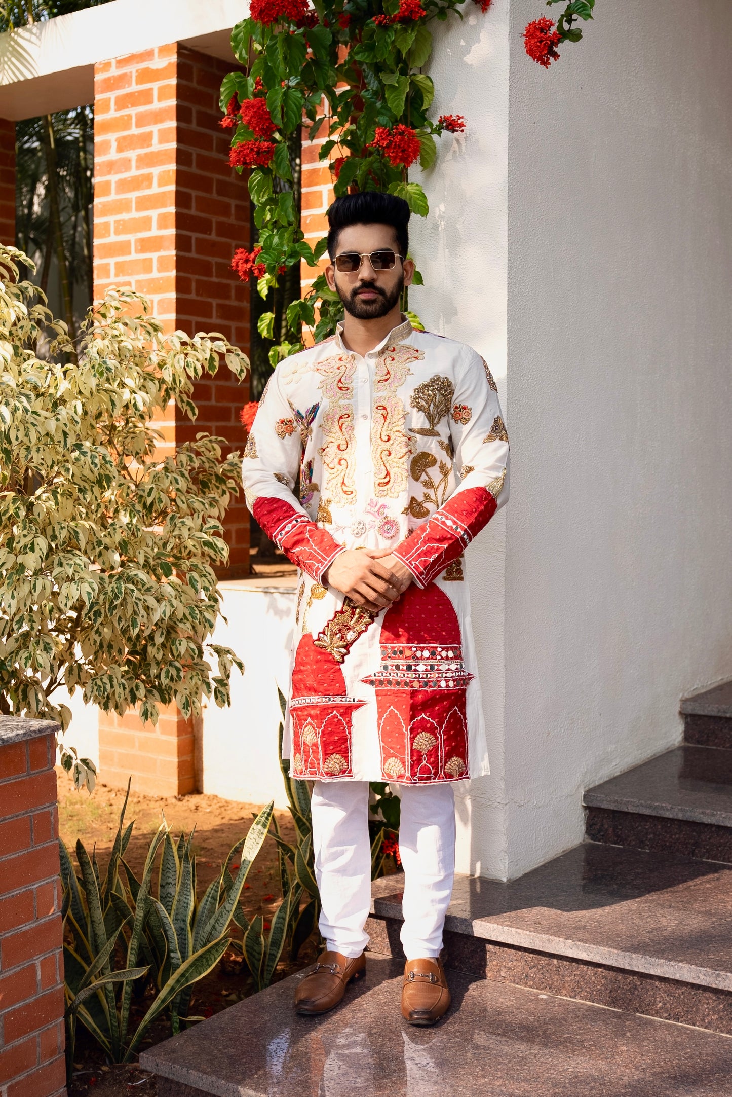 White spandex Multicolour embriodery Kurta
