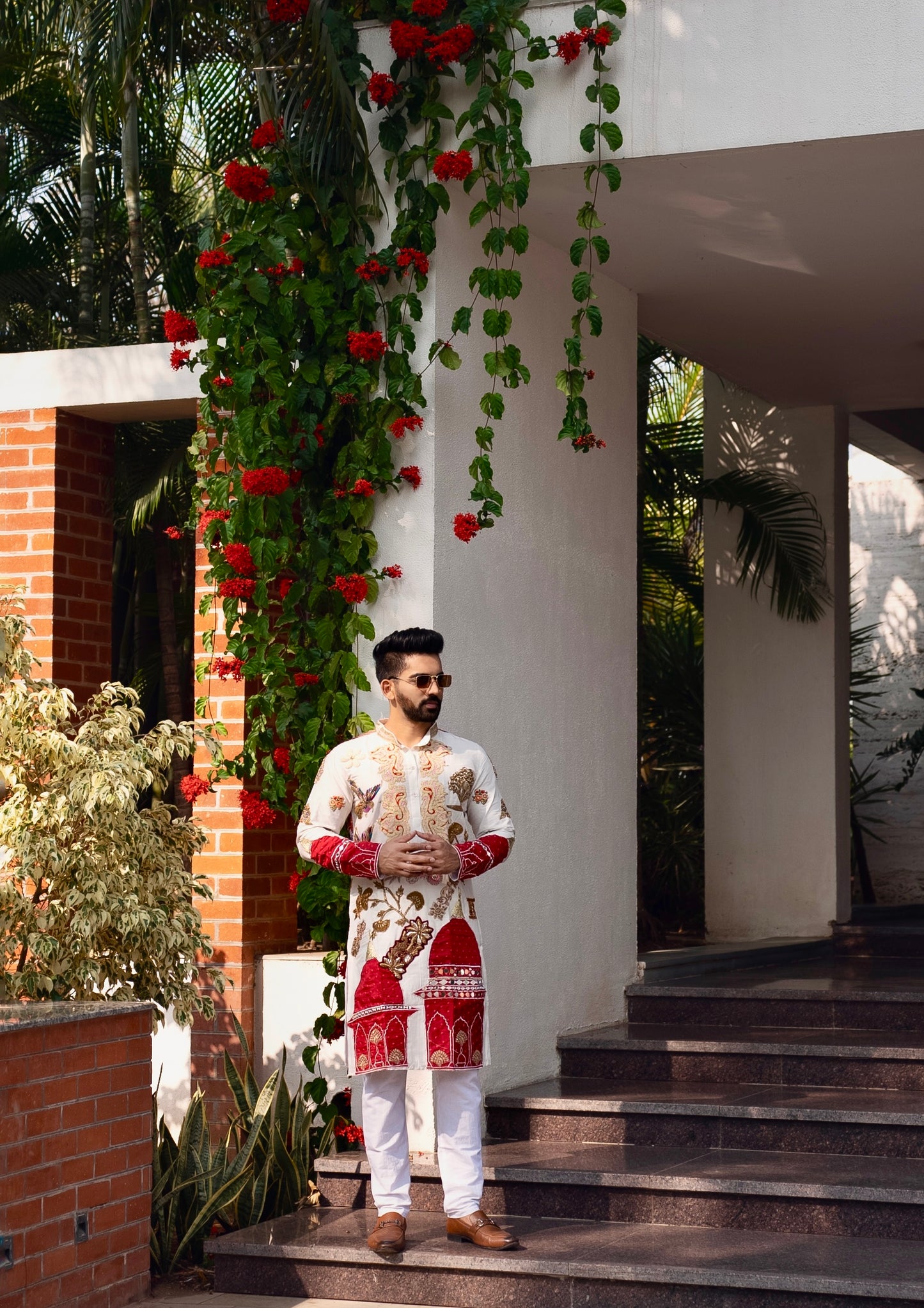 White spandex Multicolour embriodery Kurta