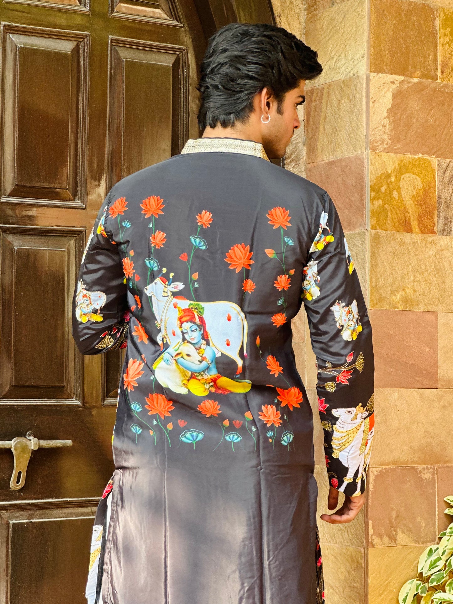 Elegant Black Crape Kurta with Traditional Cow Design Kurta