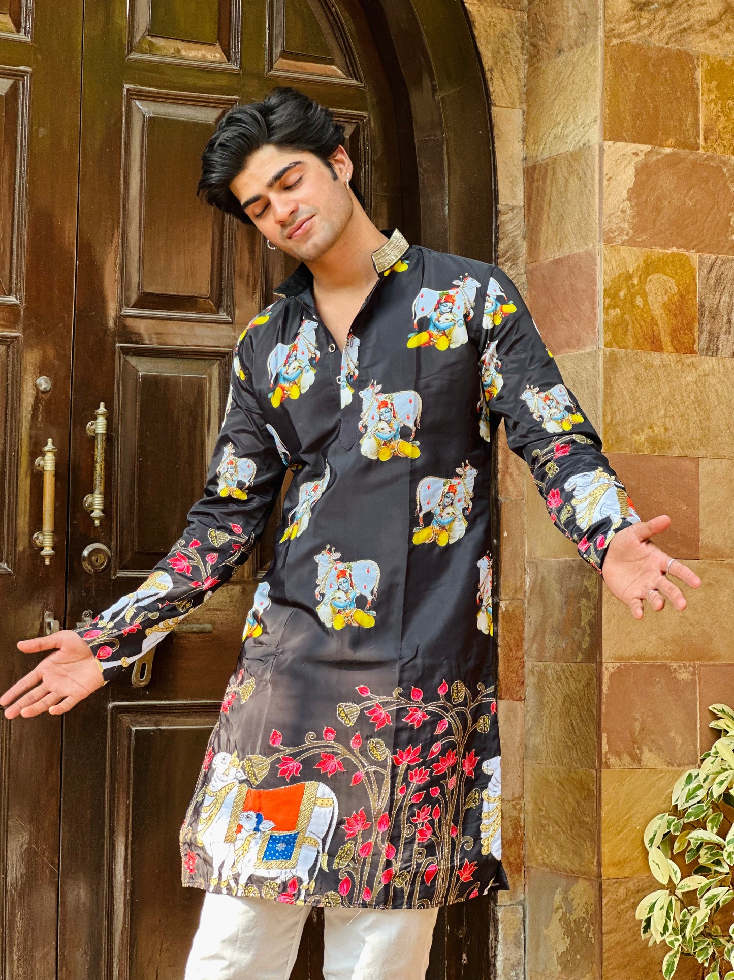 Elegant Black Crape Kurta with Traditional Cow Design Kurta
