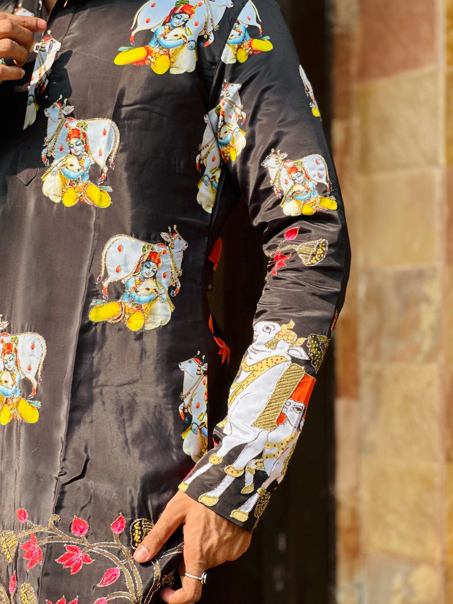 Elegant Black Crape Kurta with Traditional Cow Design Kurta